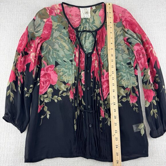 One Fine Day Anthropologie Black Pink Green Floral Semi Sheer Boho Top XS - Picture 11 of 15